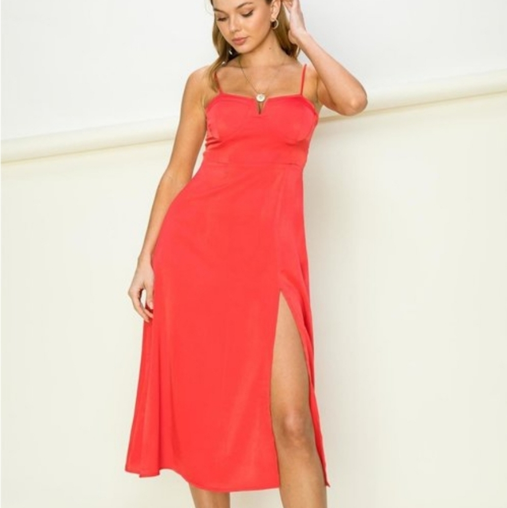 Red Bustier Cami Midi Dress